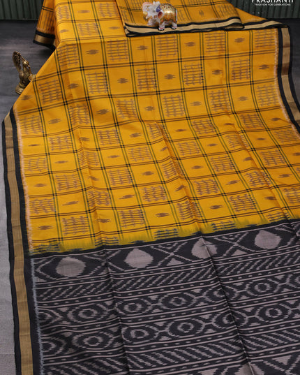 Ikat soft silk saree mustard yellow and black with allover checks & ikat woven buttas and zari woven border
