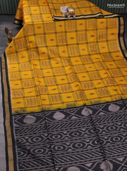 Ikat soft silk saree mustard yellow and black with allover checks & ikat woven buttas and zari woven border