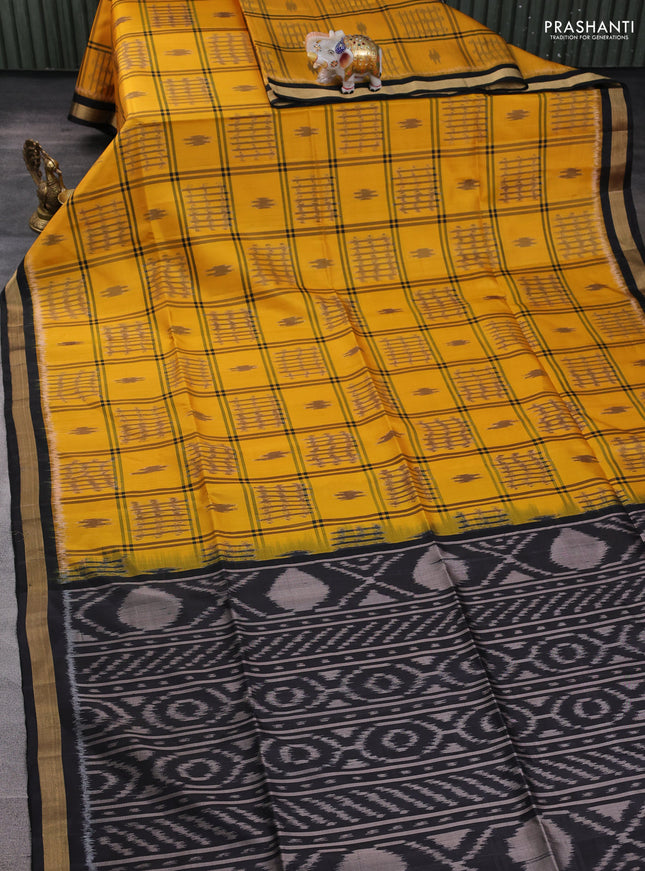 Ikat soft silk saree mustard yellow and black with allover checks & ikat woven buttas and zari woven border