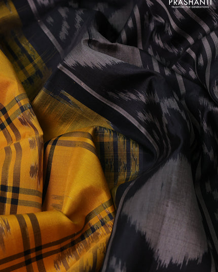 Ikat soft silk saree mustard yellow and black with allover checks & ikat woven buttas and zari woven border