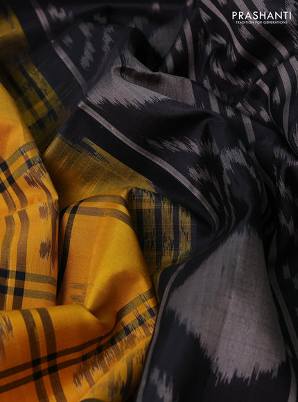 Ikat soft silk saree mustard yellow and black with allover checks & ikat woven buttas and zari woven border