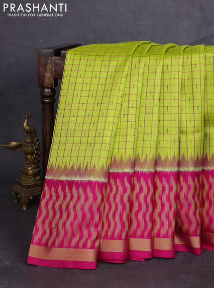 Ikat soft silk saree light green and dark pink with allover small checks & ikat woven buttas and ikat zari woven border