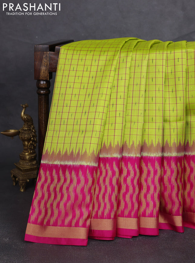 Ikat soft silk saree light green and dark pink with allover small checks & ikat woven buttas and ikat zari woven border