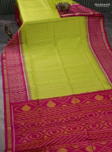 Ikat soft silk saree light green and dark pink with allover small checks & ikat woven buttas and ikat zari woven border