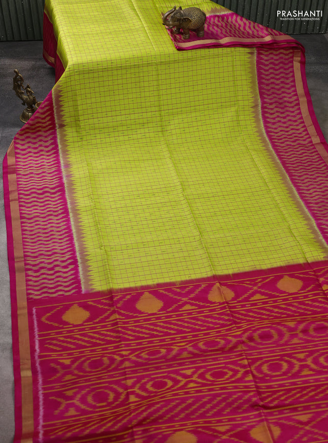 Ikat soft silk saree light green and dark pink with allover small checks & ikat woven buttas and ikat zari woven border