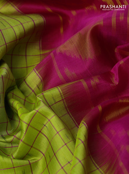 Ikat soft silk saree light green and dark pink with allover small checks & ikat woven buttas and ikat zari woven border