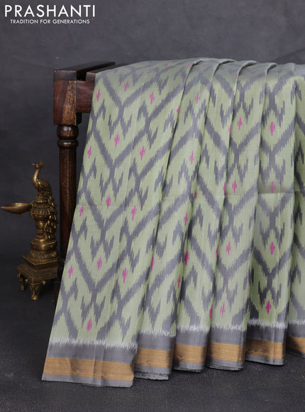 Ikat soft silk saree pastel green and grey with allover ikat weaves and zari woven border