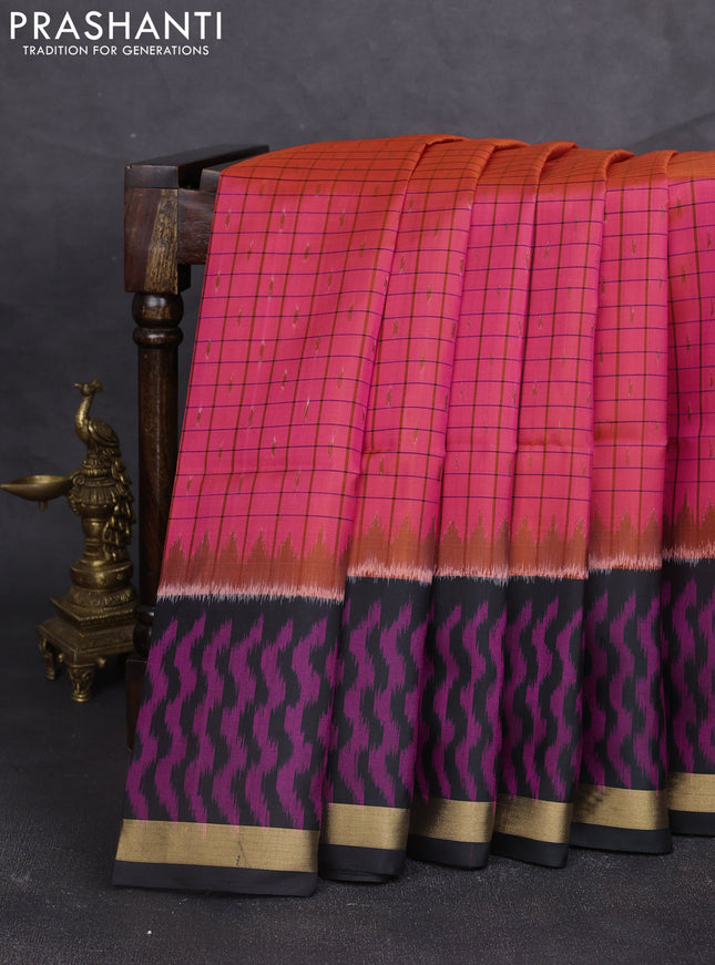 Ikat soft silk saree dual shade of pink and black with allover thread checks & ikat buttas and ikat zari woven border