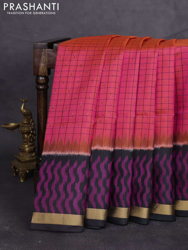 Ikat soft silk saree dual shade of pink and black with allover thread checks & ikat buttas and ikat zari woven border