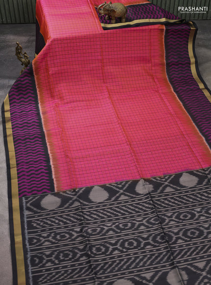 Ikat soft silk saree dual shade of pink and black with allover thread checks & ikat buttas and ikat zari woven border