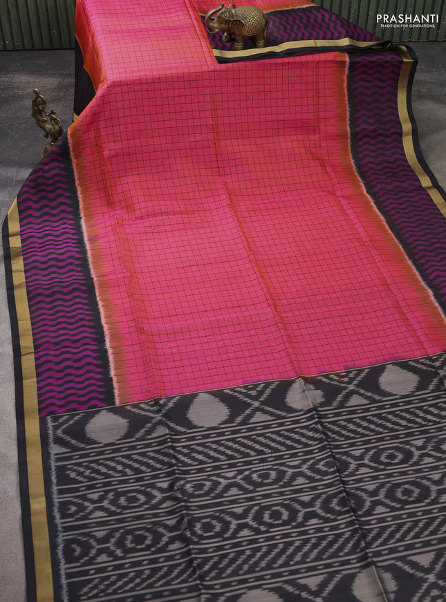 Ikat soft silk saree dual shade of pink and black with allover thread checks & ikat buttas and ikat zari woven border