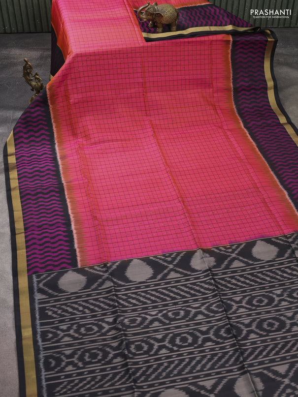 Ikat soft silk saree dual shade of pink and black with allover thread checks & ikat buttas and ikat zari woven border