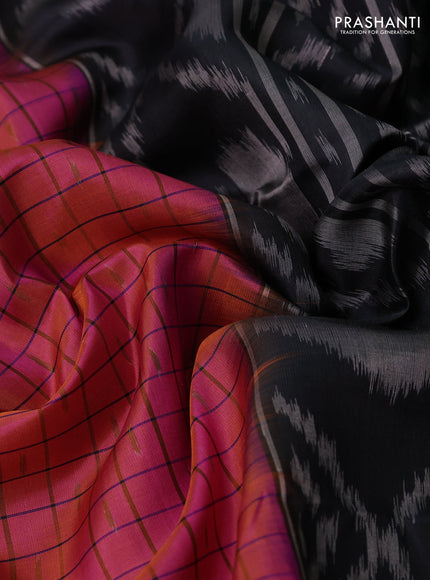 Ikat soft silk saree dual shade of pink and black with allover thread checks & ikat buttas and ikat zari woven border