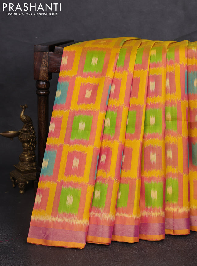Ikat soft silk saree dual shade of pink and yellow with allover ikat woven buttas and zari woven border