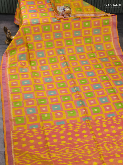 Ikat soft silk saree dual shade of pink and yellow with allover ikat woven buttas and zari woven border