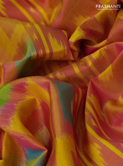 Ikat soft silk saree dual shade of pink and yellow with allover ikat woven buttas and zari woven border