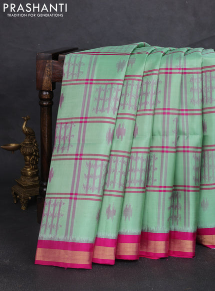 Ikat soft silk saree teal green and magenta pink with allover thread checks & ikat buttas and zari woven border