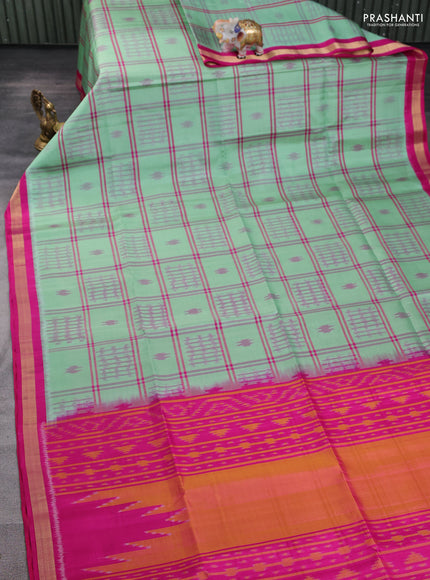Ikat soft silk saree teal green and magenta pink with allover thread checks & ikat buttas and zari woven border