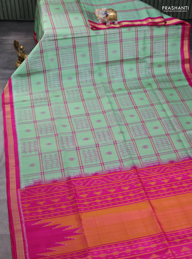 Ikat soft silk saree teal green and magenta pink with allover thread checks & ikat buttas and zari woven border