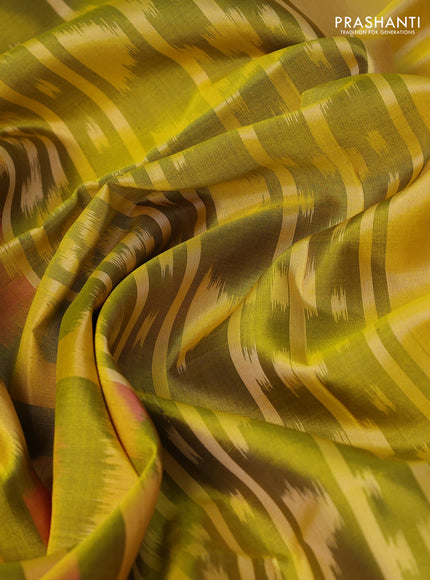 Ikat soft silk saree mustard green and yellow with allover ikat checks buttas and zari woven border