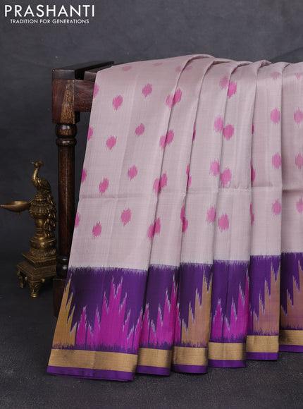 Ikat soft silk saree pastel grey and violet with allover ikat woven buttas and zari woven border
