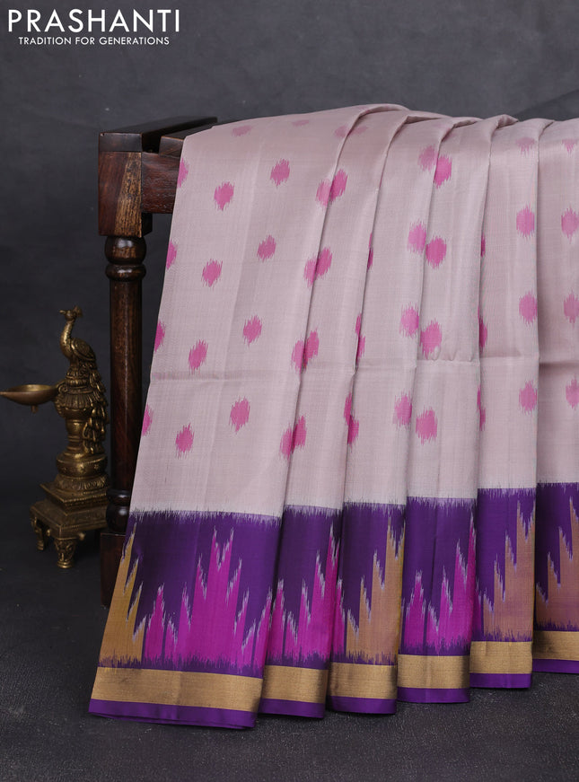Ikat soft silk saree pastel grey and violet with allover ikat woven buttas and zari woven border