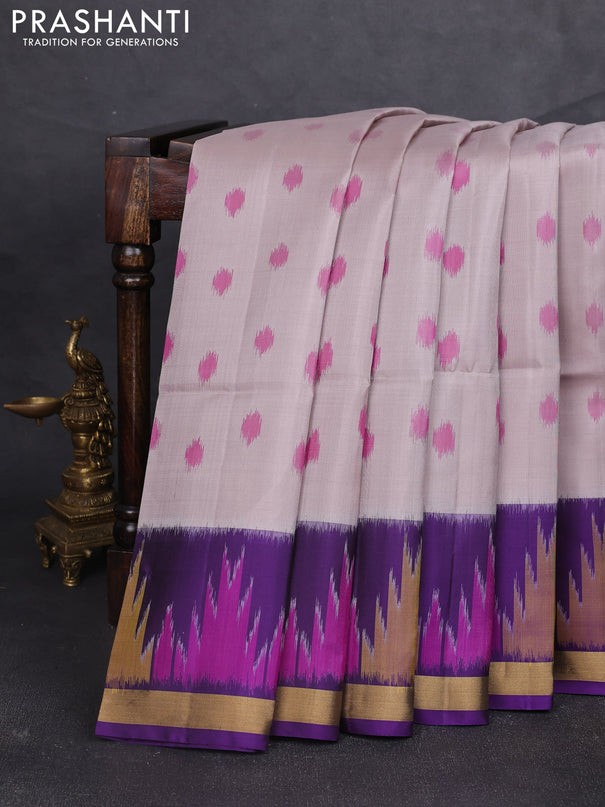 Ikat soft silk saree pastel grey and violet with allover ikat woven buttas and zari woven border