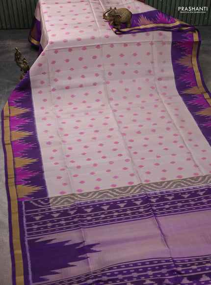 Ikat soft silk saree pastel grey and violet with allover ikat woven buttas and zari woven border