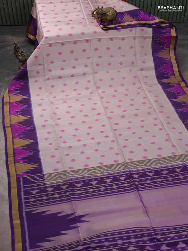 Ikat soft silk saree pastel grey and violet with allover ikat woven buttas and zari woven border