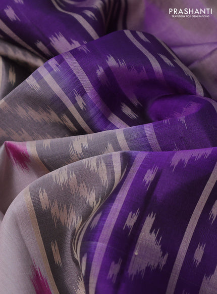 Ikat soft silk saree pastel grey and violet with allover ikat woven buttas and zari woven border