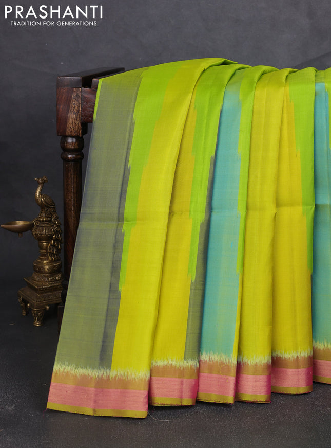 Ikat soft silk saree multi colour green and lime green with allover ikat temple design and zari woven border