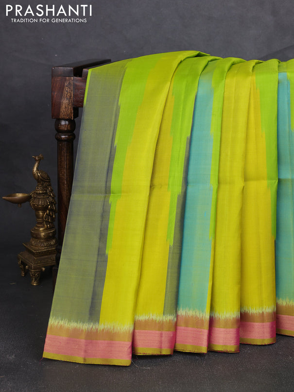 Ikat soft silk saree multi colour green and lime green with allover ikat temple design and zari woven border
