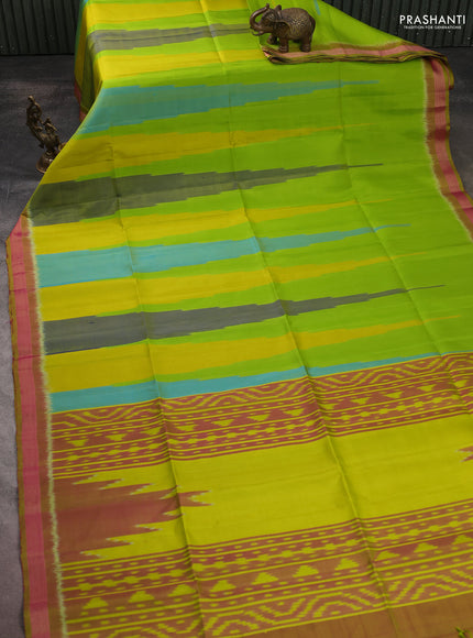 Ikat soft silk saree multi colour green and lime green with allover ikat temple design and zari woven border