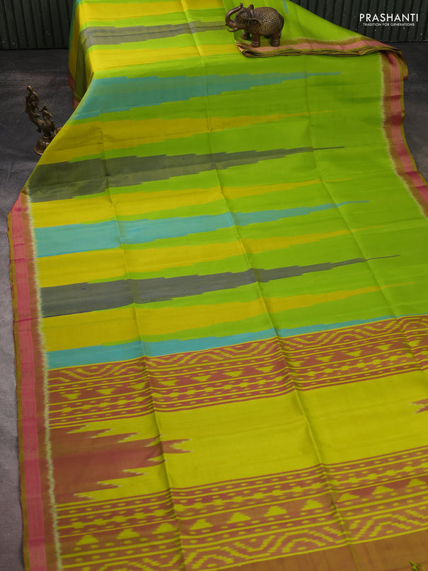 Ikat soft silk saree multi colour green and lime green with allover ikat temple design and zari woven border