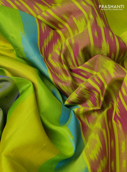 Ikat soft silk saree multi colour green and lime green with allover ikat temple design and zari woven border