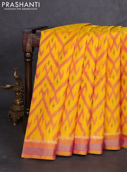 Ikat soft silk saree yellow and sunset orange with allover ikat weaves and zari woven border