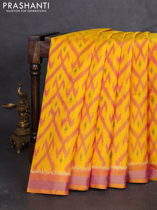 Ikat soft silk saree yellow and sunset orange with allover ikat weaves and zari woven border