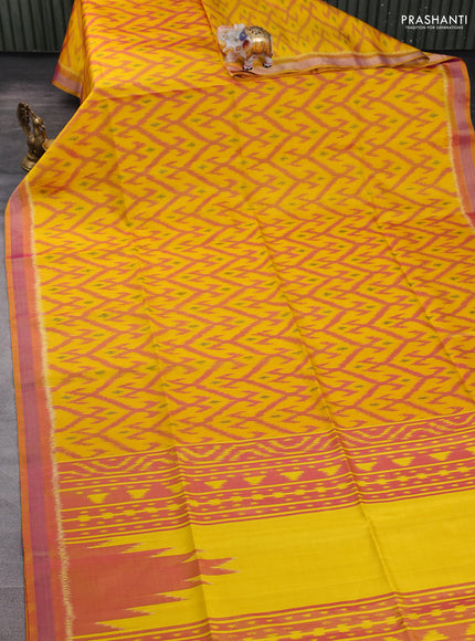 Ikat soft silk saree yellow and sunset orange with allover ikat weaves and zari woven border