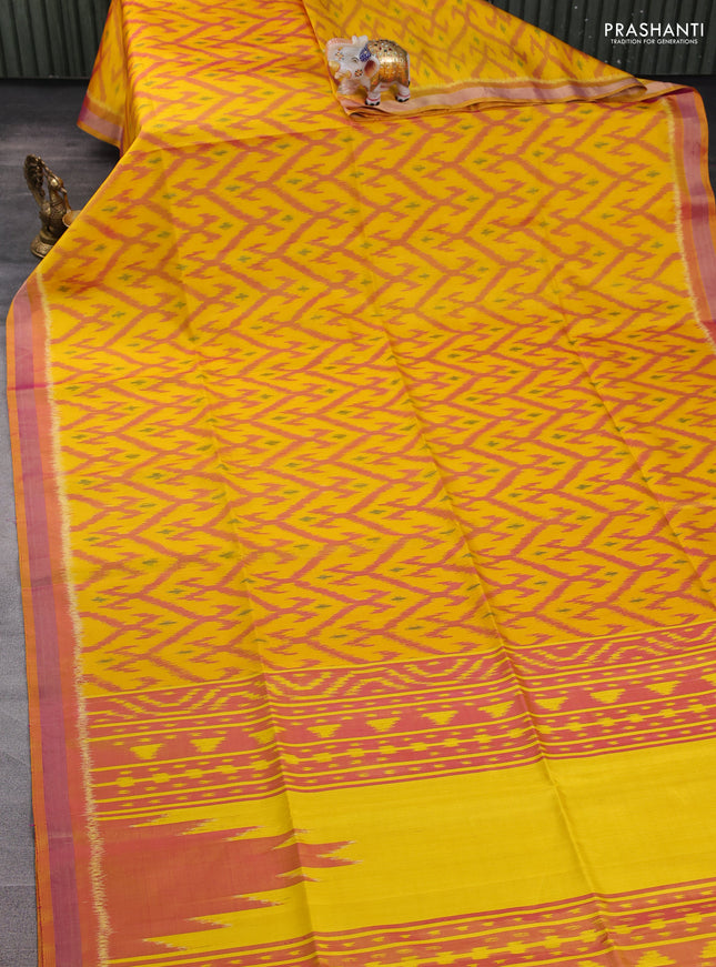Ikat soft silk saree yellow and sunset orange with allover ikat weaves and zari woven border