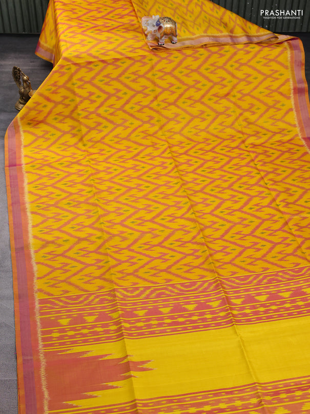 Ikat soft silk saree yellow and sunset orange with allover ikat weaves and zari woven border