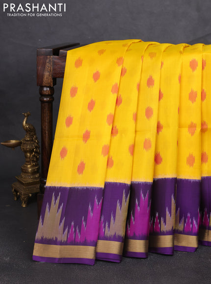 Ikat soft silk saree yellow and violet with allover ikat woven buttas and temple design zari woven border