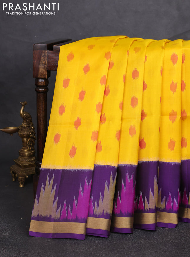 Ikat soft silk saree yellow and violet with allover ikat woven buttas and temple design zari woven border
