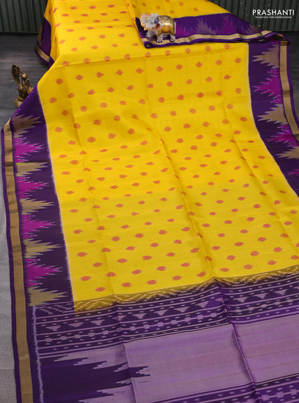 Ikat soft silk saree yellow and violet with allover ikat woven buttas and temple design zari woven border