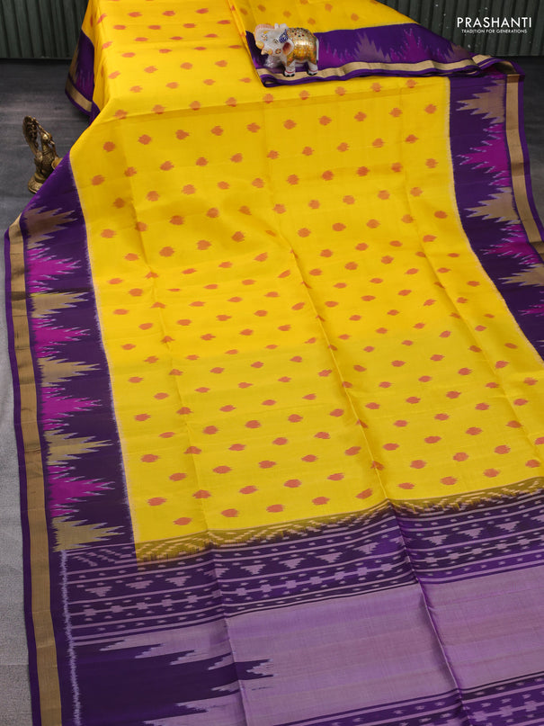 Ikat soft silk saree yellow and violet with allover ikat woven buttas and temple design zari woven border