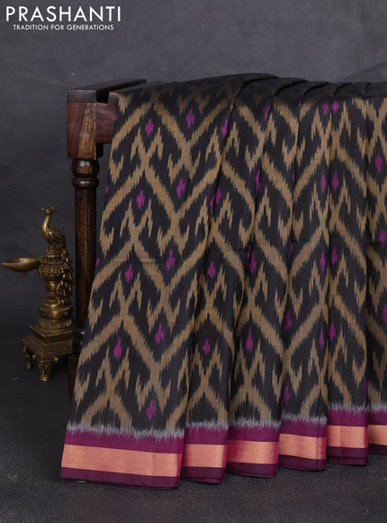 Ikat soft silk saree black and purple mustard green with allover ikat weaves and zari woven border