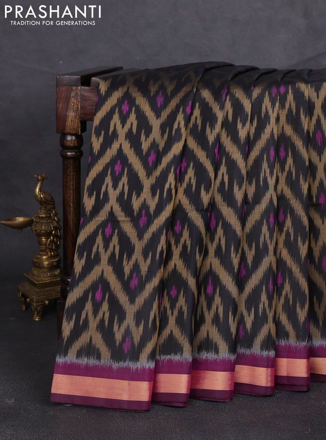Ikat soft silk saree black and purple mustard green with allover ikat weaves and zari woven border