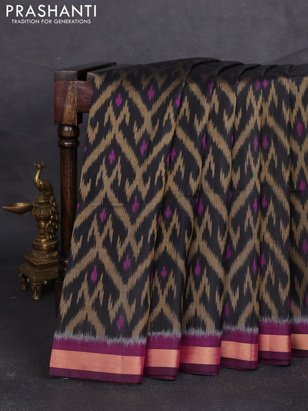 Ikat soft silk saree black and purple mustard green with allover ikat weaves and zari woven border