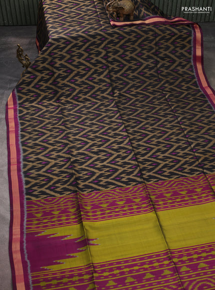 Ikat soft silk saree black and purple mustard green with allover ikat weaves and zari woven border