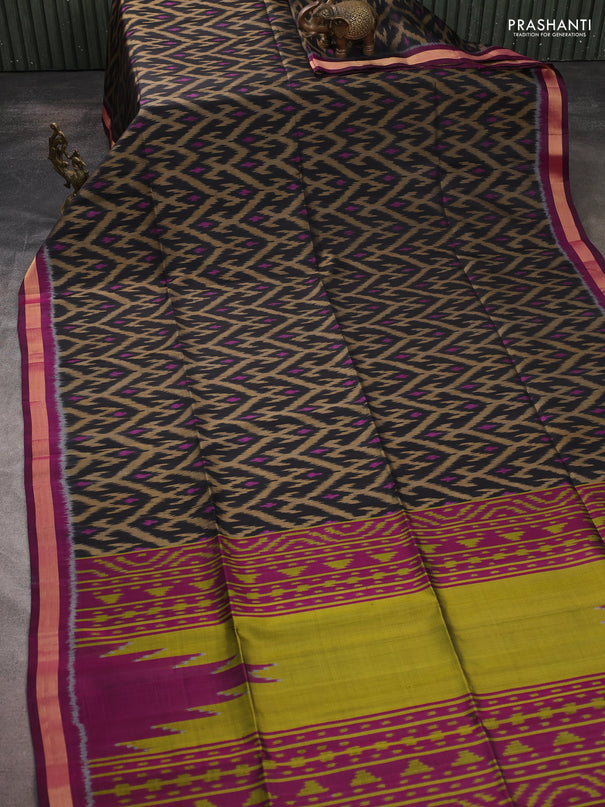 Ikat soft silk saree black and purple mustard green with allover ikat weaves and zari woven border