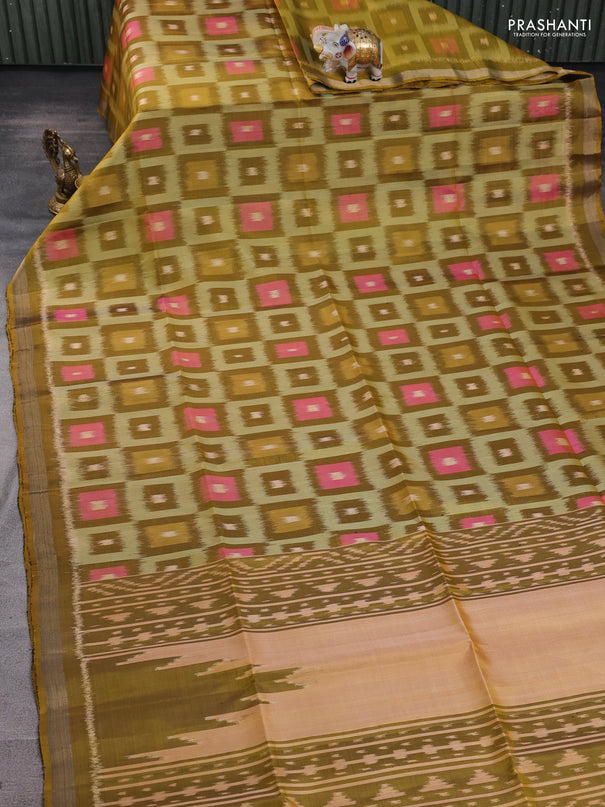 Ikat soft silk saree mustard green and pale orange with allover ikat woven buttas and zari woven border
